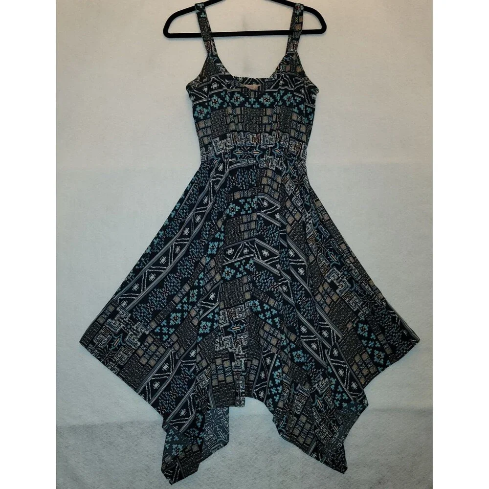 Casual Couture by Green Envelope Geometric Print Handkerchief Hem Midi Dress M - Picture 3 of 6